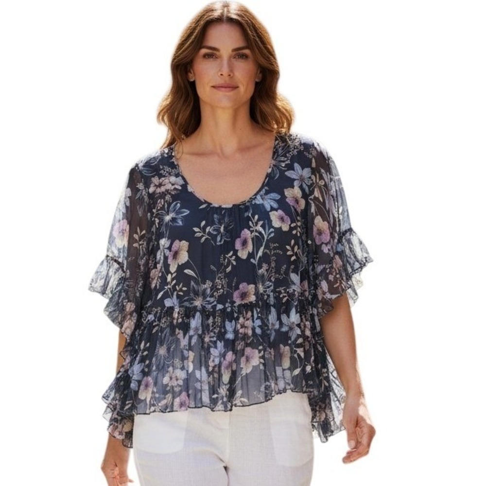 Johnny Was Love Whimsical Ethereal 100%Silk Womens size XL Flowy Sheer Fairy Top